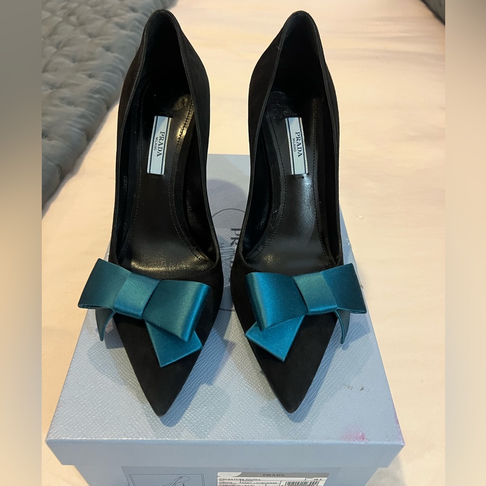 Prada Black Heels with Teal Bow Accent
